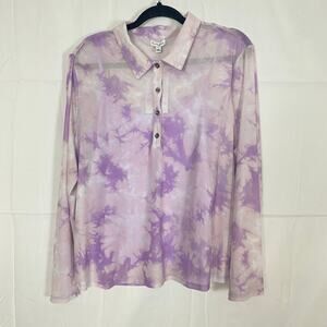 Love Fire 2X Purple Tie Dye Sheer Mesh Polo Blouse w/ Cami Layered Y2K Trendy